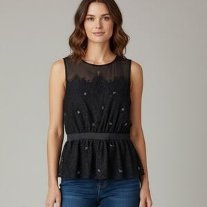 Anthropologie Meadow Rue Black Lace Sequined Sheer Collar Sleeveless Peplum Top